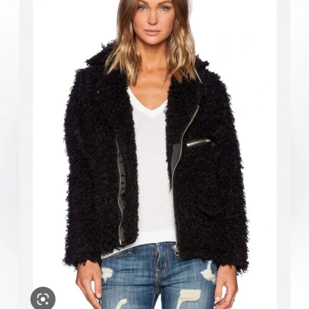 UNIF X Black Poodle Sherpa Moto Jacket Coat
